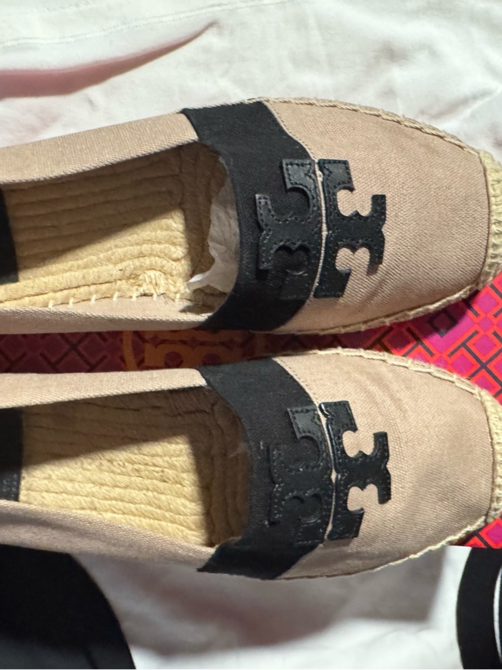 Tory Burch Beige Canvas Espadrilles with Black Logo Strap